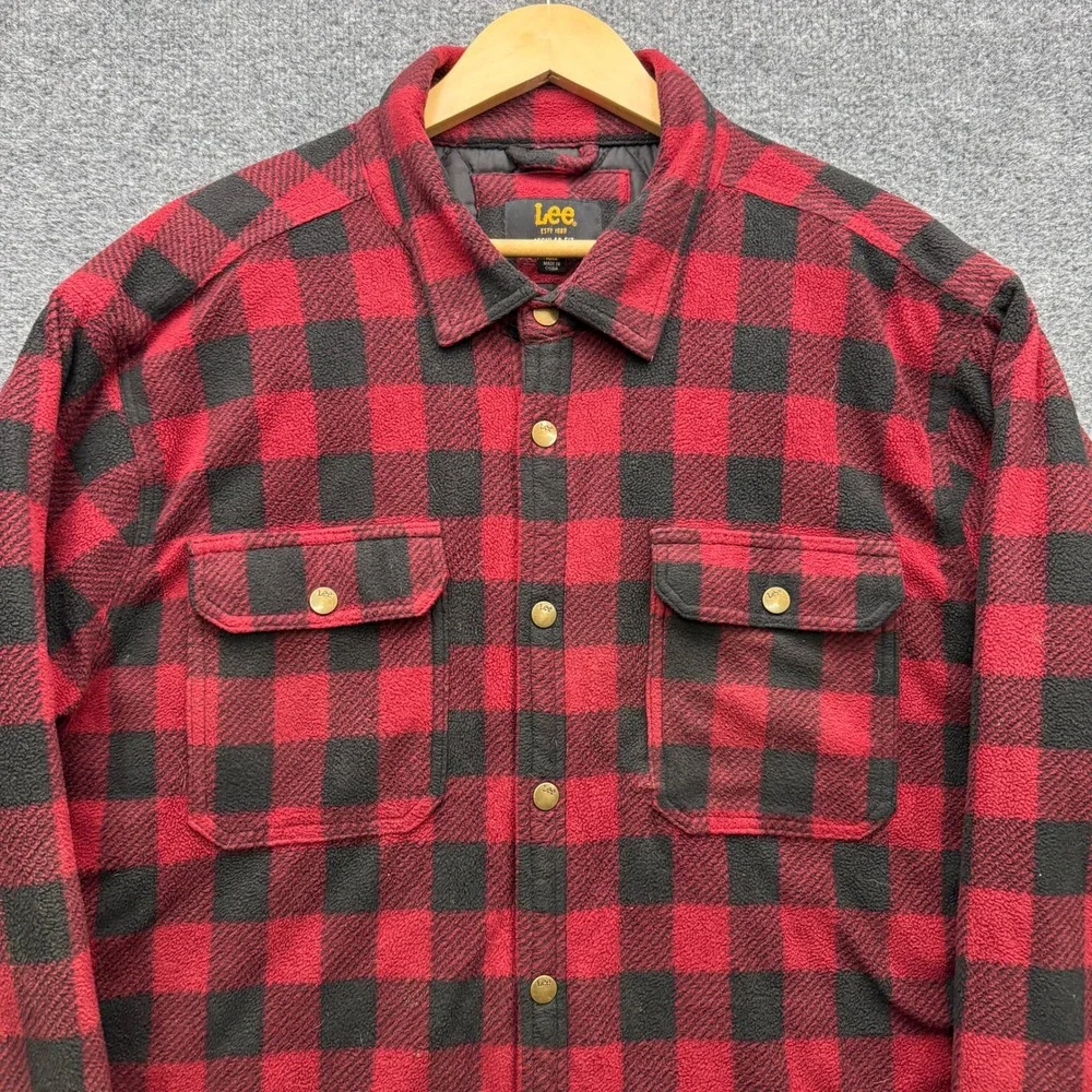 Lee Regular Fit‎ Shirt Jacket Mens XXL Red Black Plaid Quilted Lined Outdoor